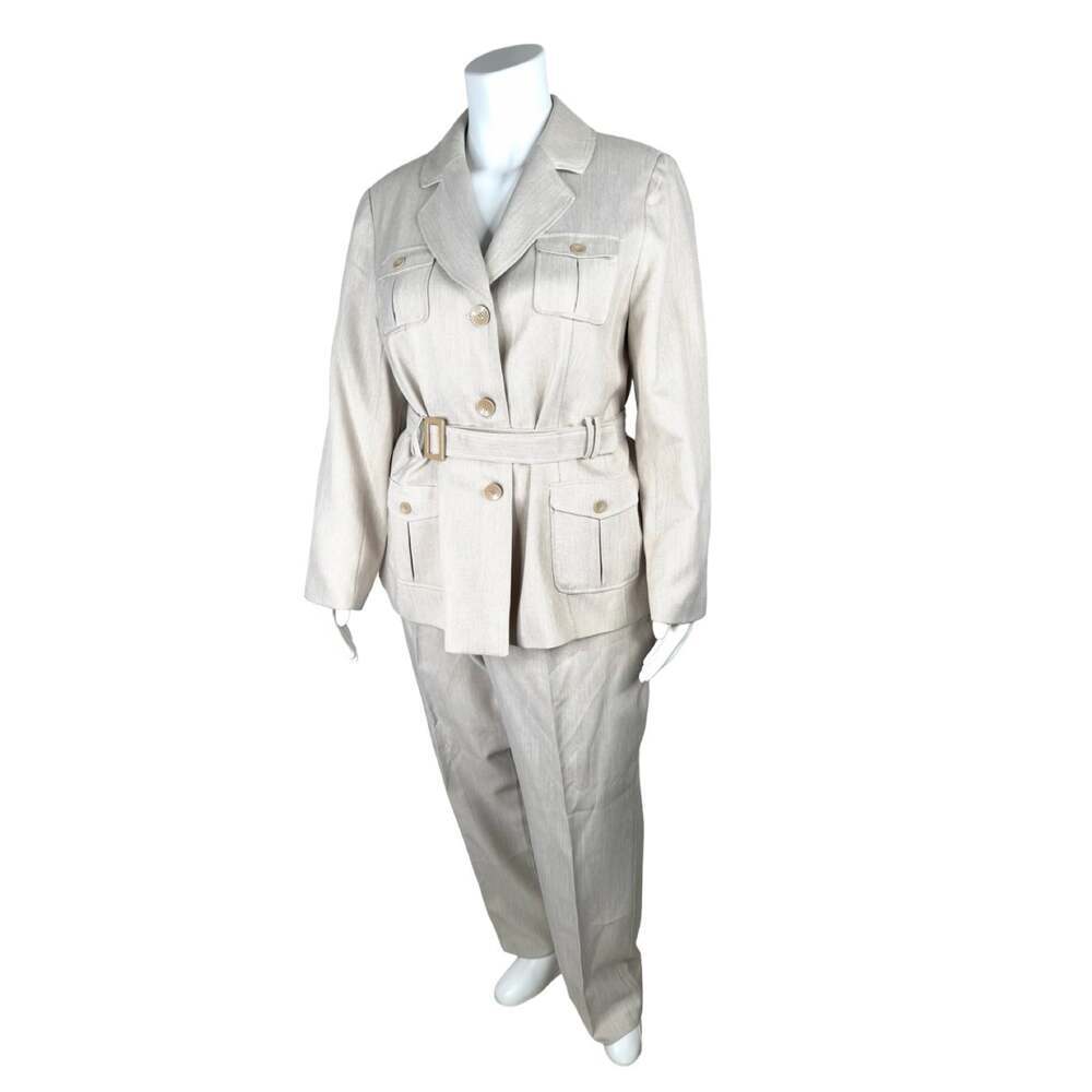Danillo Women Vintage Beige Belted Safari Style Pant Suit 20W